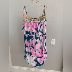 Lilly Pulitzer Pink & Teal Floral Ruffle Annastasha Popover Dress in Size MEDIUM